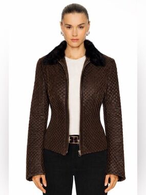 Marvin Richards Leather Basketweave Jacket w/ Removable Rabbit Fur Collar Size S